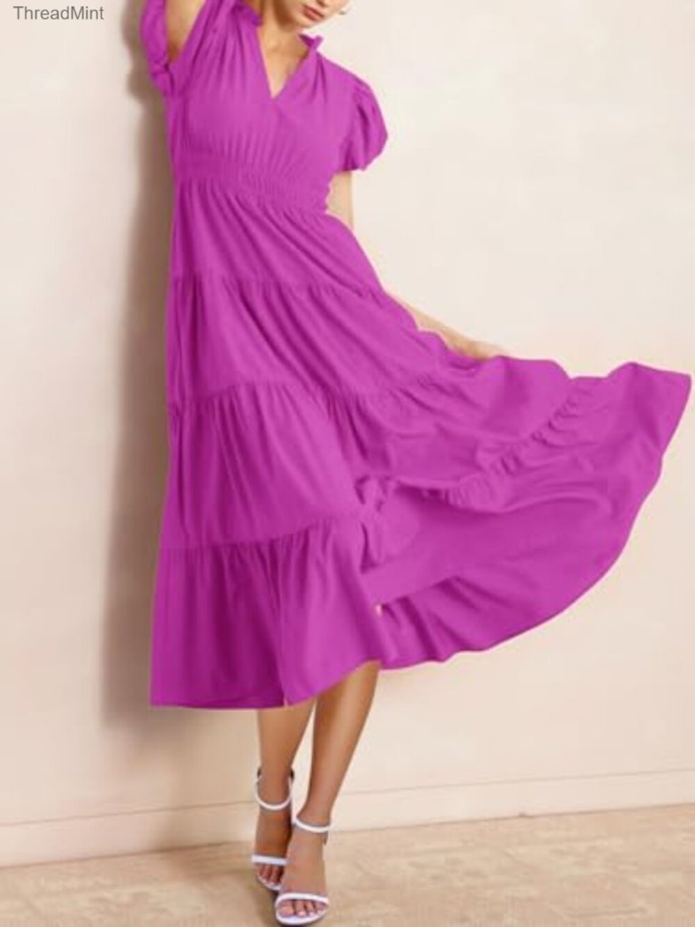 Summer Midi Dress Puff Sleeves V-Neck Tiered A-Line Formal Slim Fit - Picture 3 of 7
